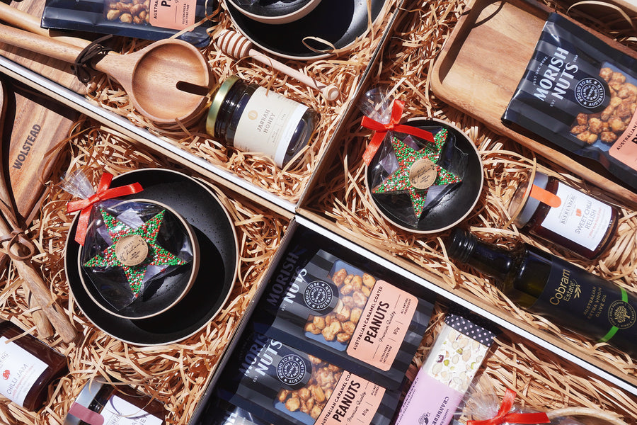 A collage of grazing-style corporate gift boxes filled with locally made WA produce, by No Matter What Gift Box Perth