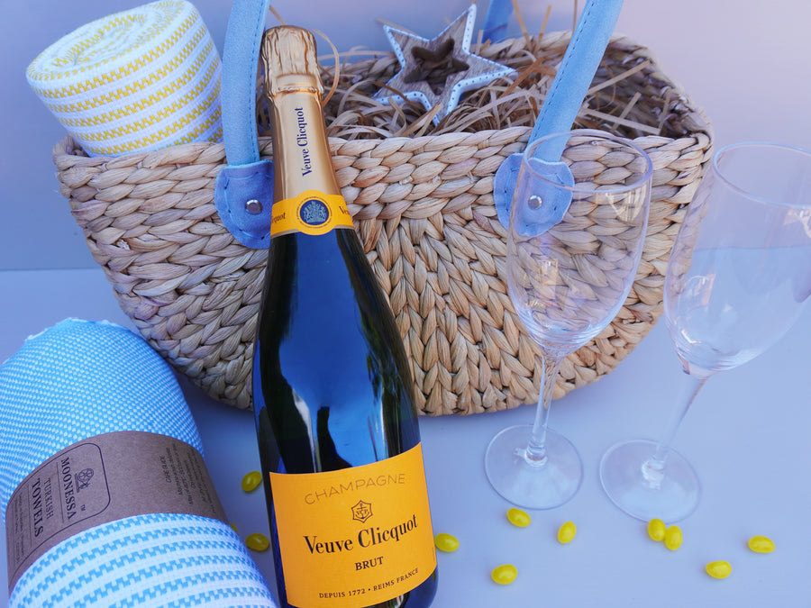 A picnic and beach basket gift box with champagne and towels, a hamper-style share gift, by No Matter What Gift Box Perth