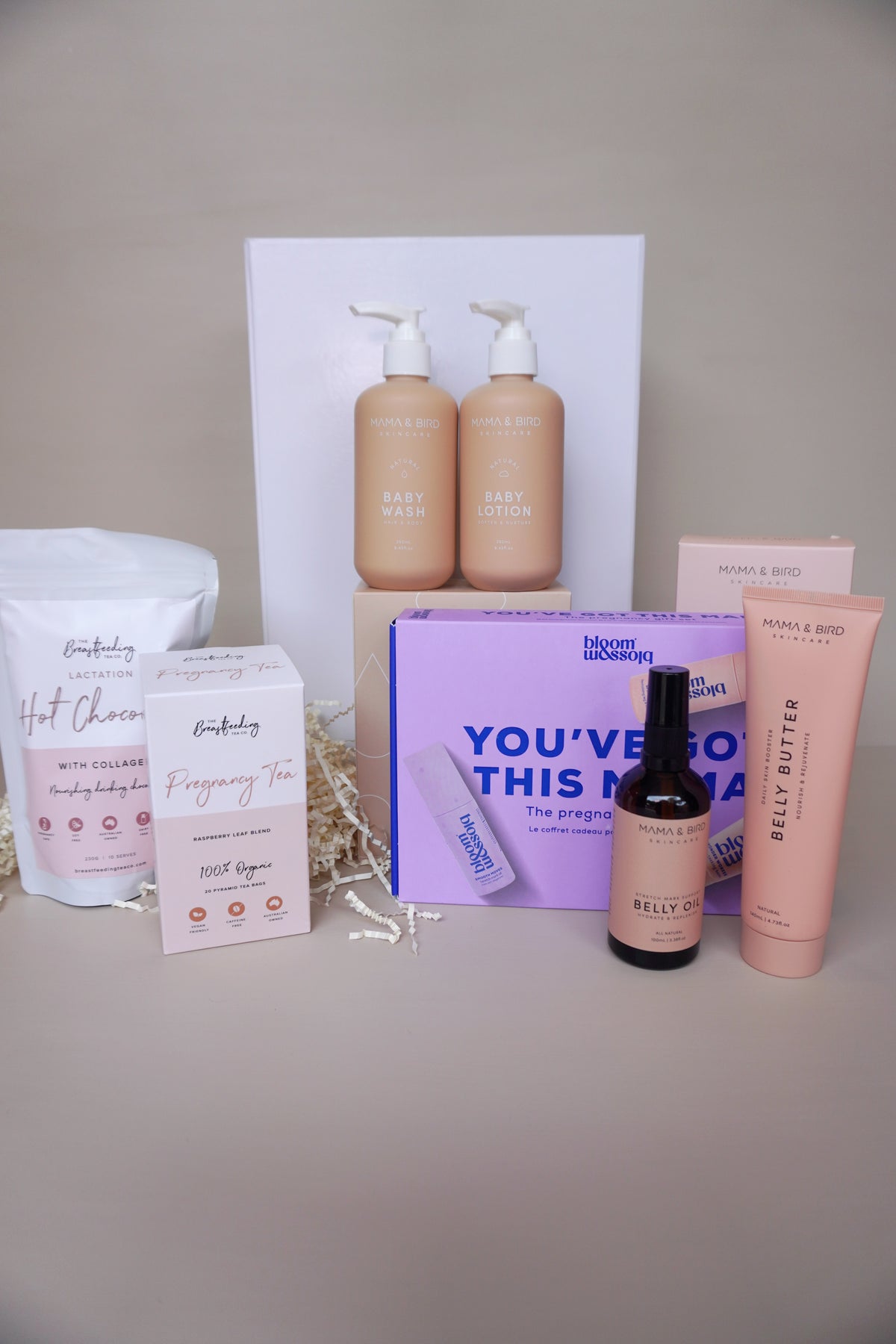 Pregnancy and new-mum gift box with Mama and Bird skincare, belly oil, lactation hot chocolate and organic pregnancy tea, by No Matter What Gift Box Perth
