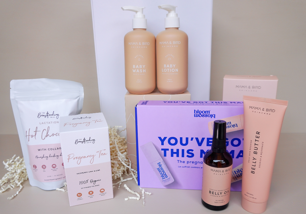 Pregnancy and new-mum gift box with Mama and Bird baby wash, baby lotion and belly butter, lactation hot chocolate and pregnancy tea, by No Matter What Gift Box Perth